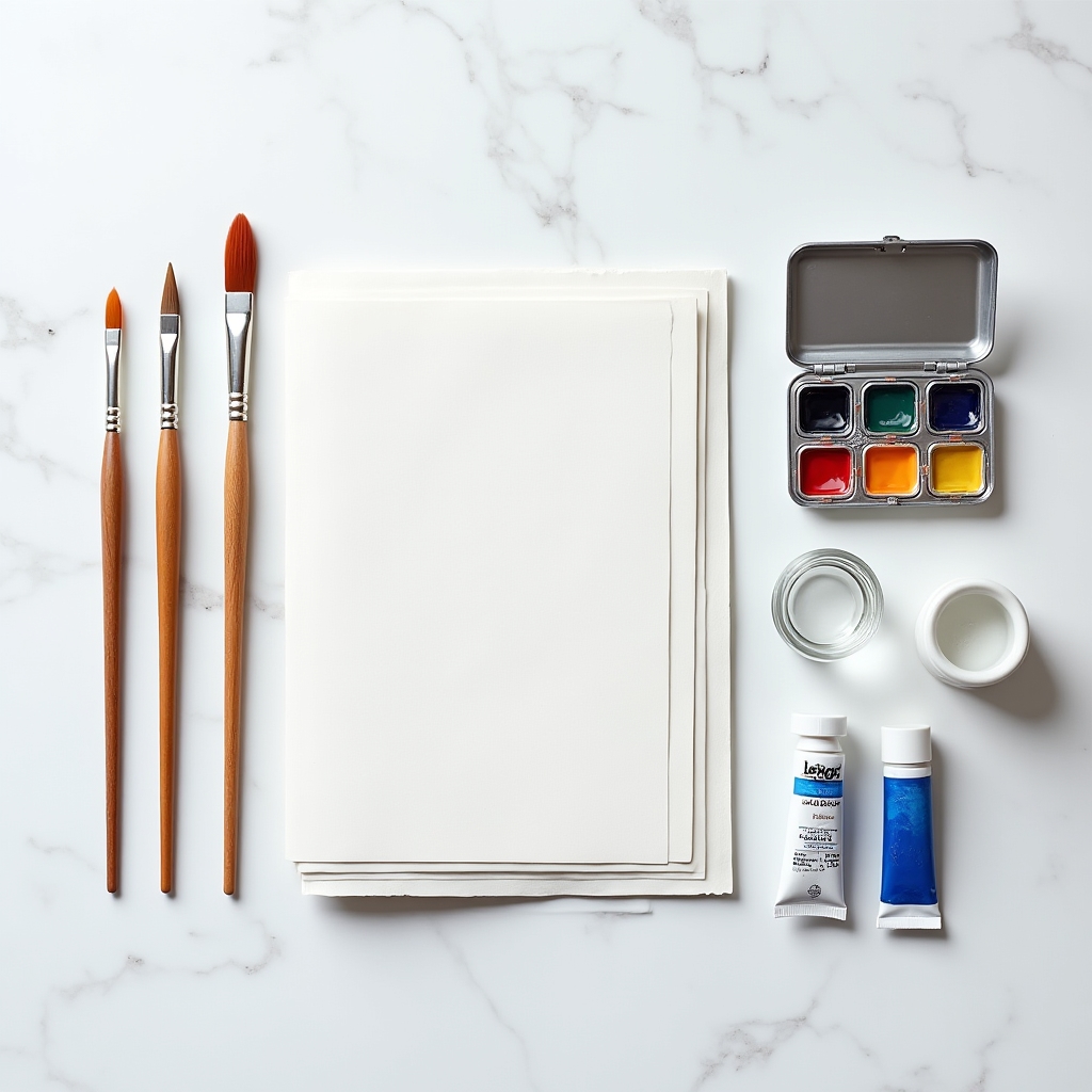 Neatly arranged watercolor supplies including brushes, paints and paper on a clean white workspace