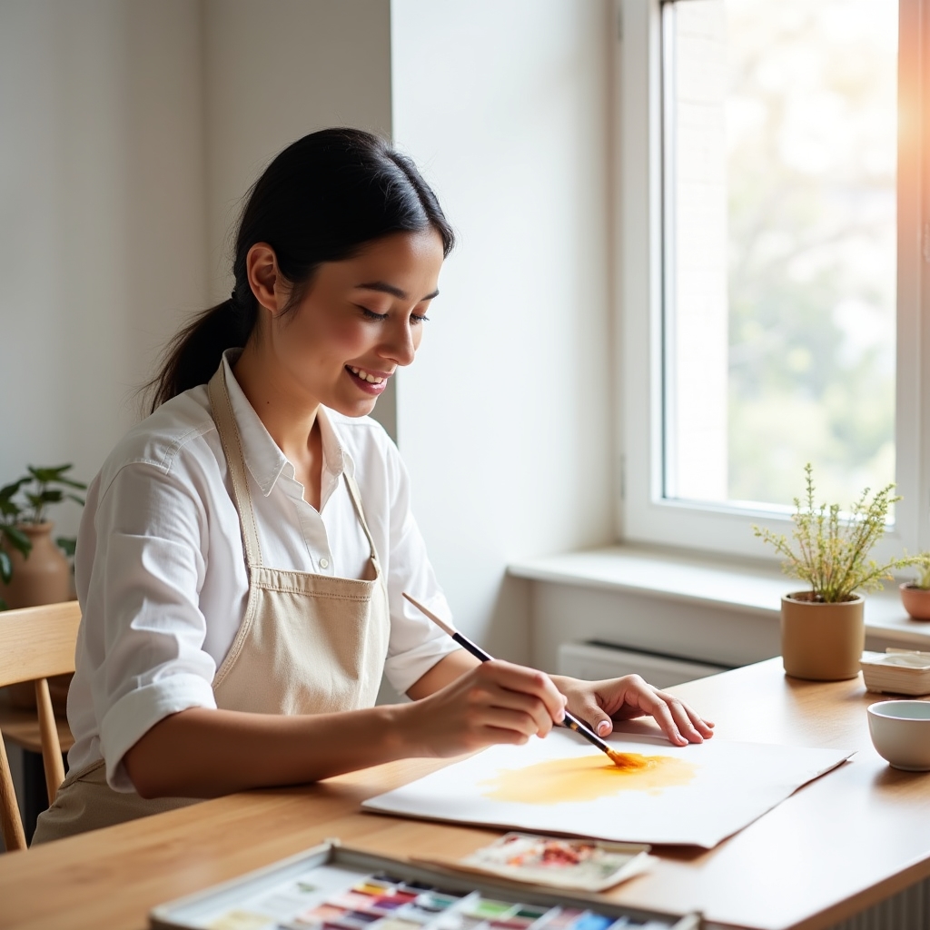 A beginner student applying watercolor washes to paper at a bright home workspace