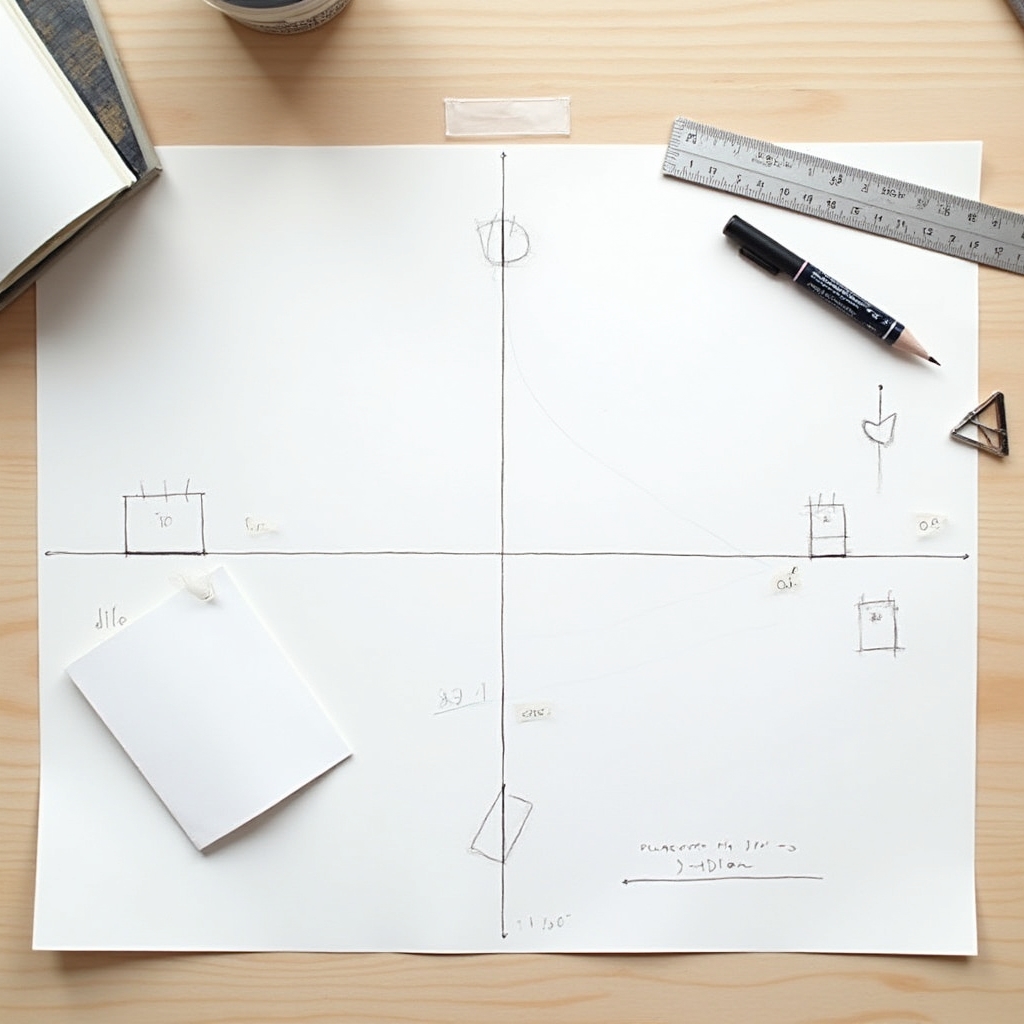 Artist planning composition with thumbnail sketches and rule of thirds grid on paper