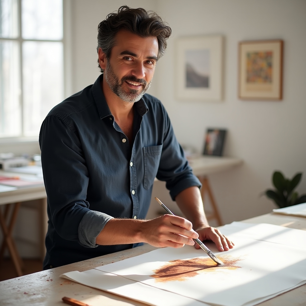 Art instructor demonstrating watercolor brush technique on paper in a well-lit minimal studio space