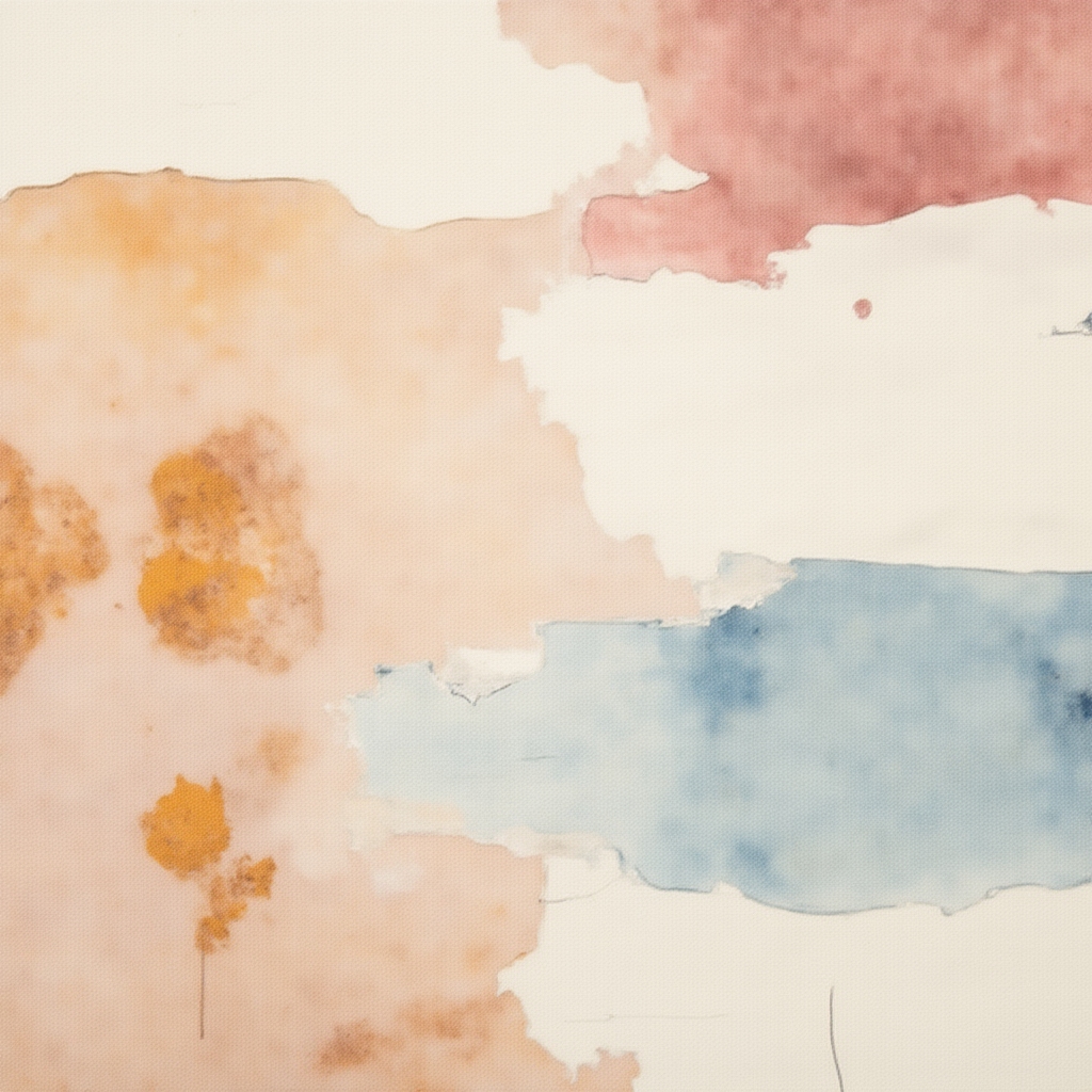 Mixed media artwork combining watercolor washes with torn paper collage, ink marks and texture