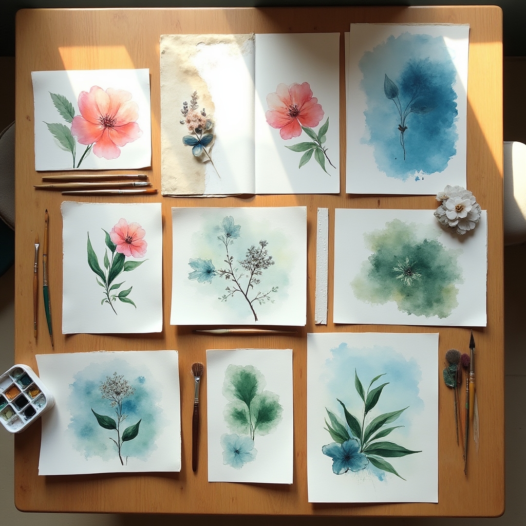 A collection of completed watercolor artworks spread out on a wooden table showing student portfolio progress