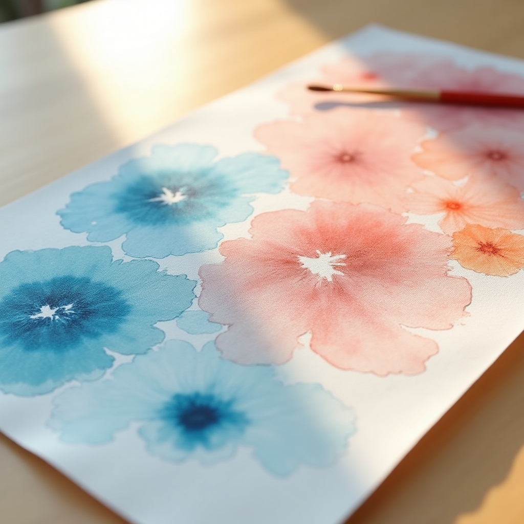 Watercolor painting with vibrant washes of color blending on wet paper